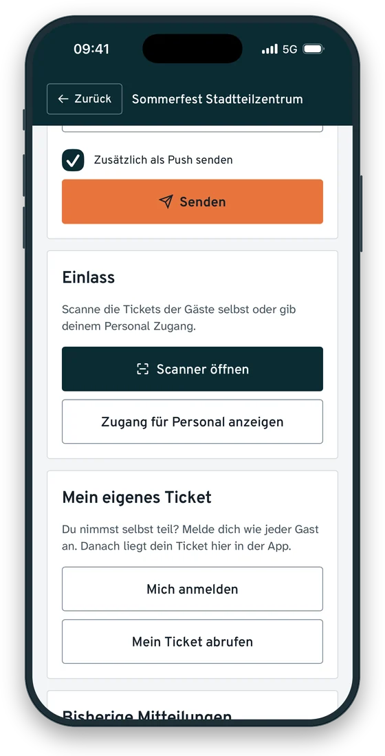 Die App zeigt den Scanner für den Einlass