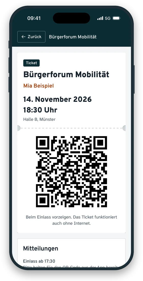 Die App zeigt das Ticket mit QR-Code für das Bürgerforum Mobilität